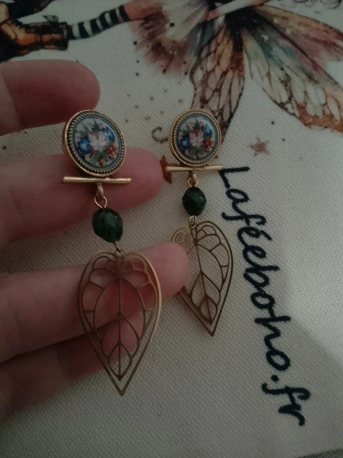 Boucles d'oreilles bohèmes feuilles pierres naturelles – photo 2